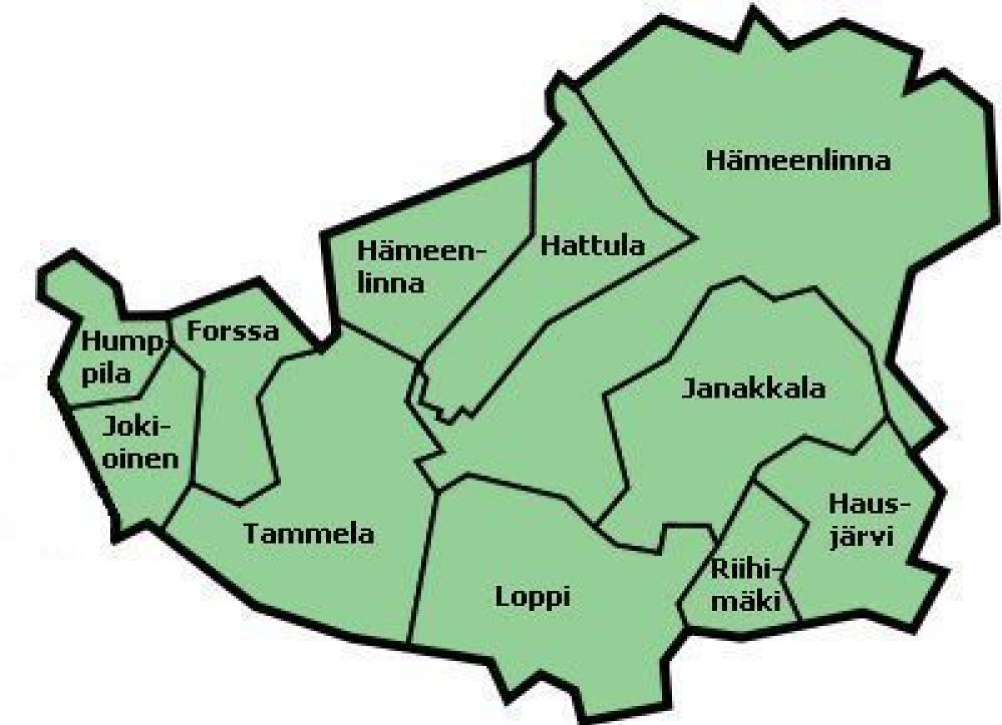 Karttakuva, jossa nimettynä ja rajattuna Hämeenlinna naapurikuntineen. Esimerkiksi Hattula, Janakkala, Loppi Ja Tammela.