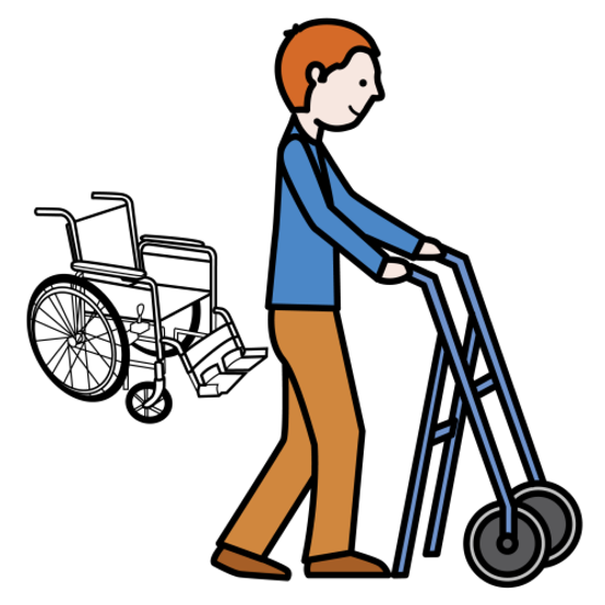Piirretty kuva. Vasemmalla pyörätuoli ja kuvassa oikealla isommalla henkilö, joka kävelee rollaattorin tukemana.